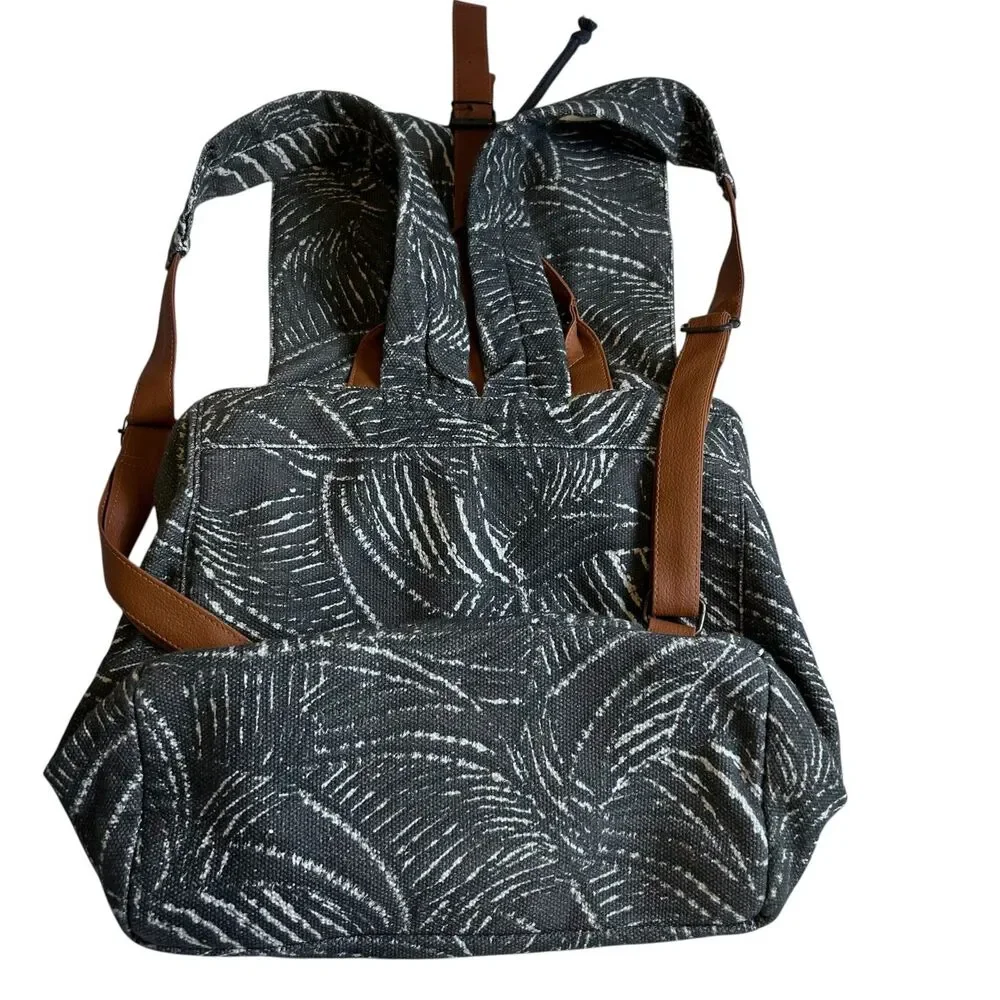 Lu & Elle Gray White & Dark Green Backpack with Brown Faux Leather Straps NWOT